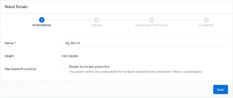 Screenshot of the robot creation page