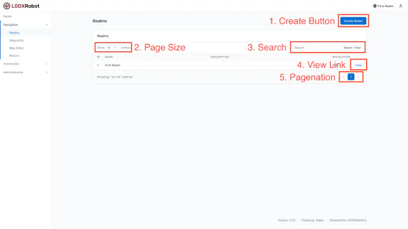 Screenshot of the realms page